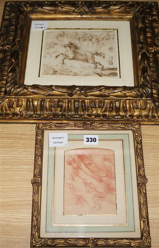 Old Master Studies of a horse & a chalk drawing of a woman